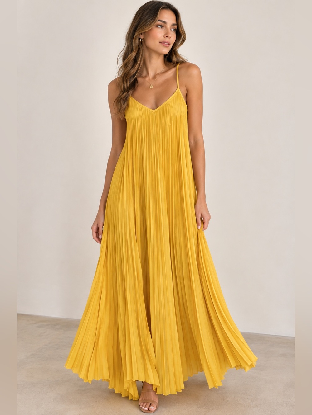 Sam Edelman Yellow Pleated Spaghetti Strap Maxi Dress
